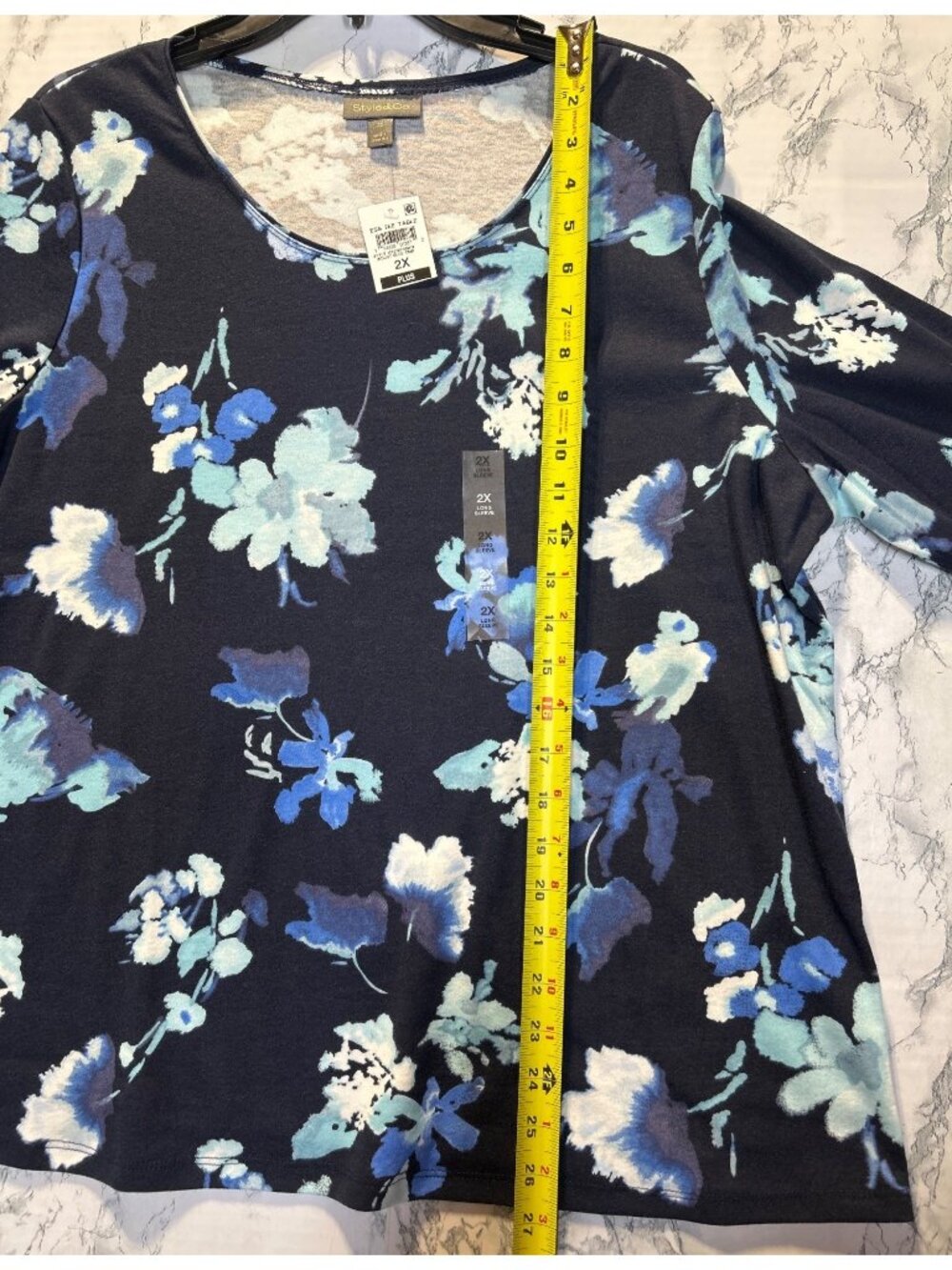 Style & Co Plus Size 2X Long Sleeve Floral Print Top Navy & Blue - Picture 3 of 9